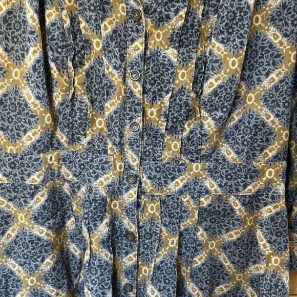 Womens Maeve 8 Button Front Shirt Dress Collared Pattern Blue Gray Yellow Anthro - Picture 5 of 11